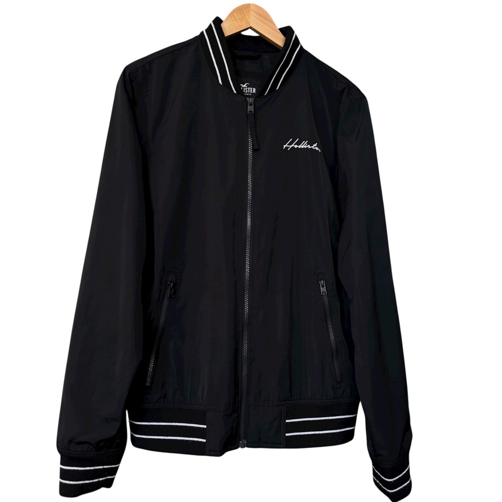 Hollister Black Ribbed Full Zip Lined Bomber Jacket w/ Pockets Size M #532